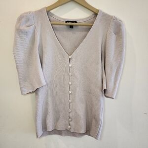 Express Puffed Short Sleeve Ribbed Button Down Beige Sweater Size Medium